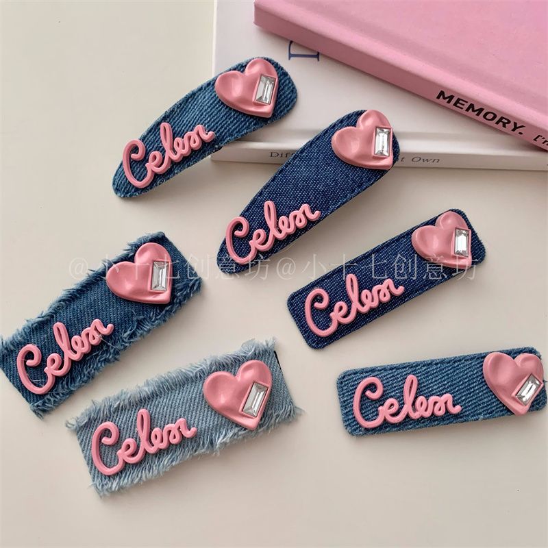 Design sense sweet and cool denim hair clip pink love letter hair card high value bangs side bb clip hair accessories female