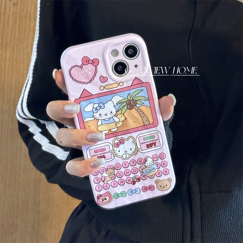 可爱粉色KT猫咪沙滩泳圈电话机适用iPhone14promax苹果13手机壳12