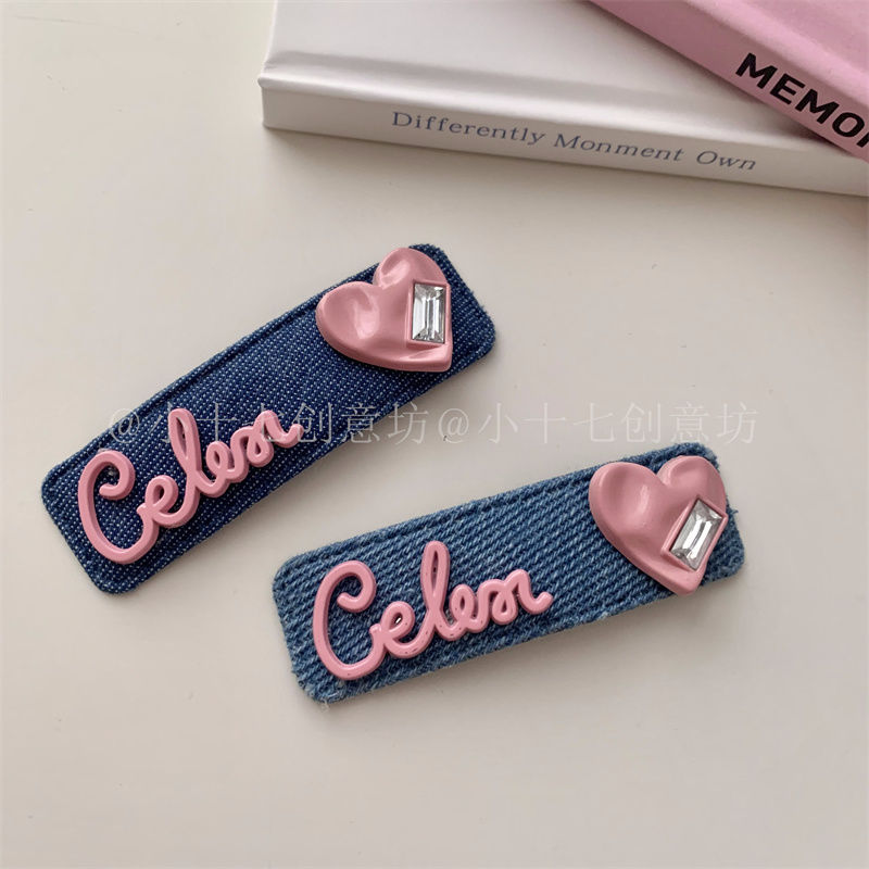 Design sense sweet and cool denim hair clip pink love letter hair card high value bangs side bb clip hair accessories female