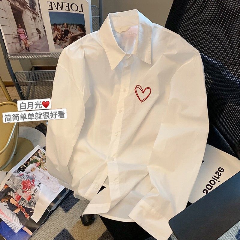 簡約愛心刺繡長袖襯衫春秋2023新款寬鬆韓版減齡POLO領白色上衣女