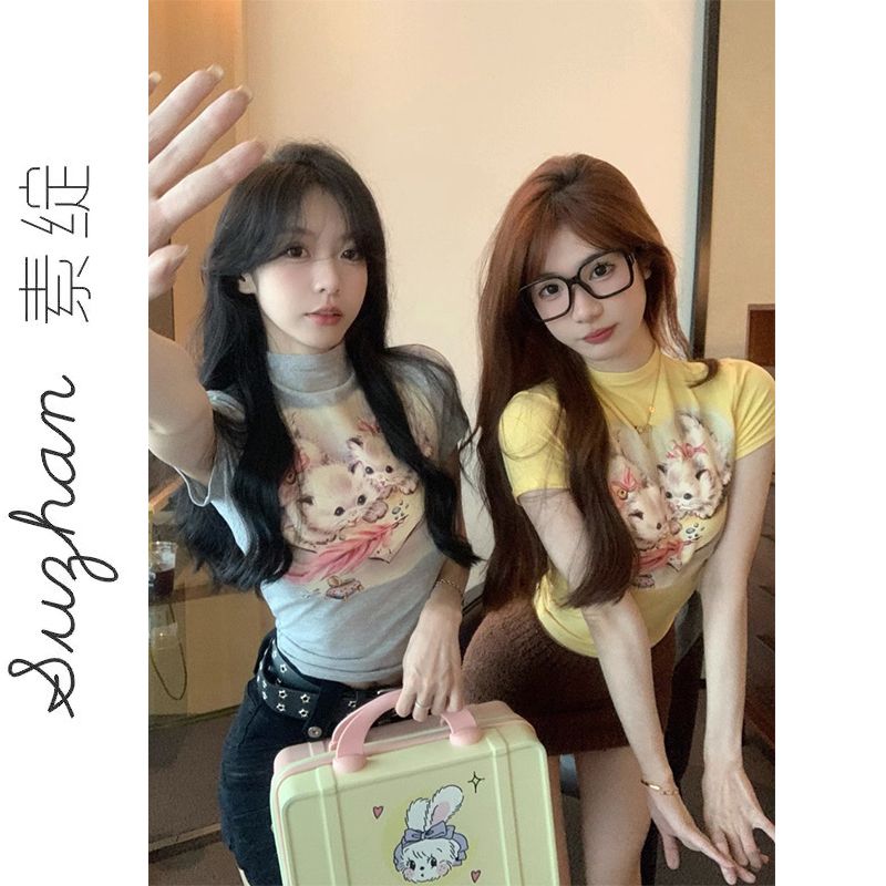 韓系多巴胺女孩半高領洋氣短袖印花t恤衫潮修身顯瘦露臍短款上衣