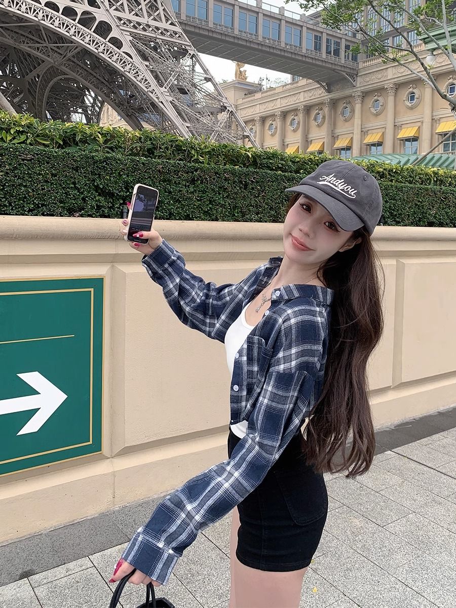 港味復古ins格子短款襯衫外套女法式小眾百搭洋氣襯衣時髦上衣潮