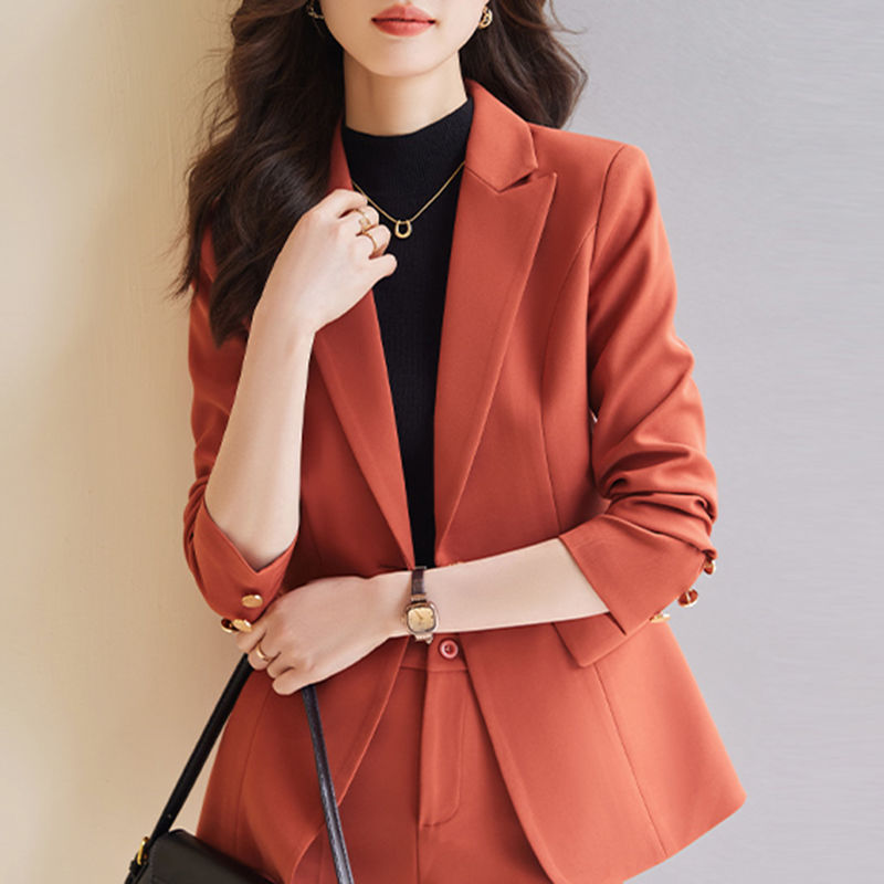 2023年秋季新款高級顯白紅色上衣韓系百搭通勤休閒外套女西服套裝