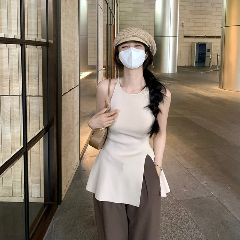 甜辣妹針織吊帶背心女夏季修身顯瘦別致外穿下擺裙開叉無袖小上衣