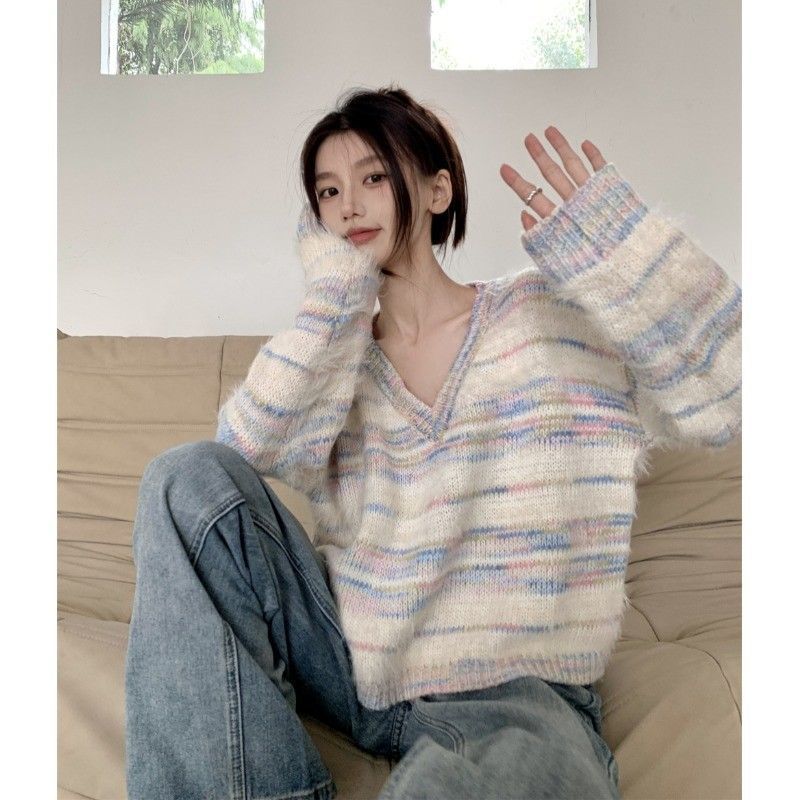 彩色條紋仿貂毛衣女季冬季加厚溫柔慵懶風寬鬆短款v領針織衫上衣