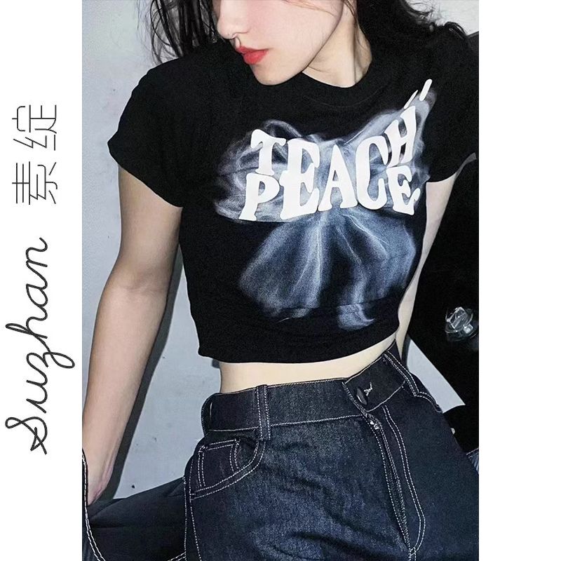 韓版正肩黑色煙霧蝴蝶結純棉短款上衣女新款短袖圓領修身顯瘦t恤