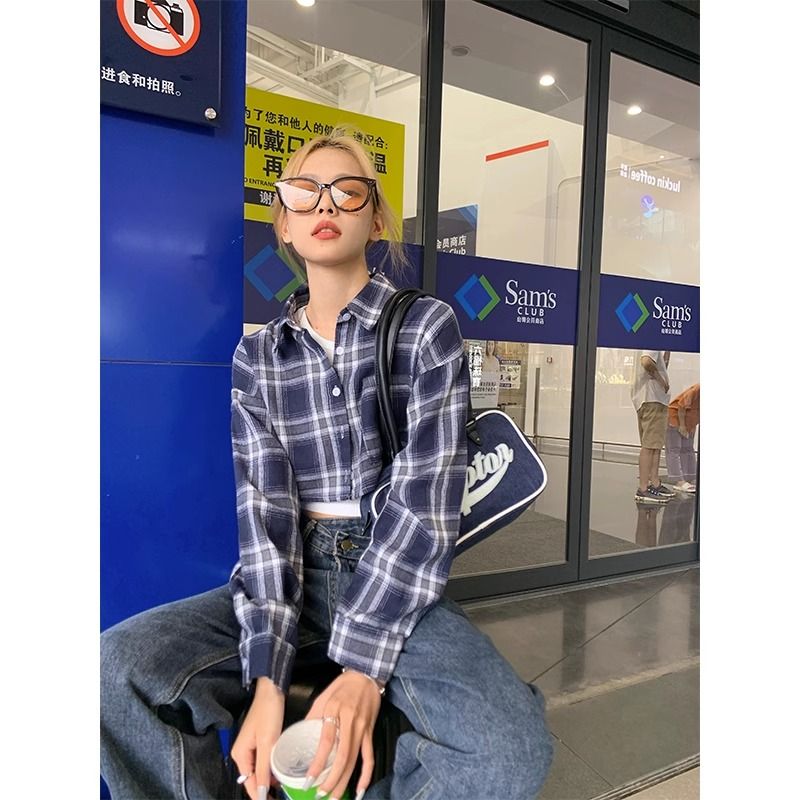 短款格子襯衫外套女夏季設計感小眾襯衣外搭開衫薄款長袖法式上衣