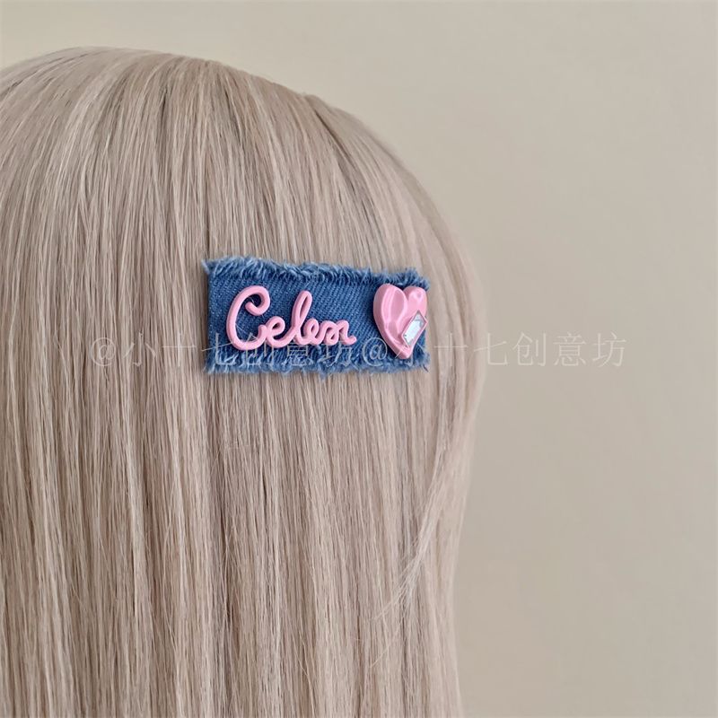 Design sense sweet and cool denim hair clip pink love letter hair card high value bangs side bb clip hair accessories female