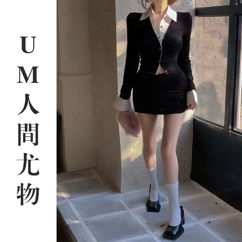 POLO領假兩件長袖襯衫女春秋新款辣妹設計感小眾修身顯瘦短款上衣