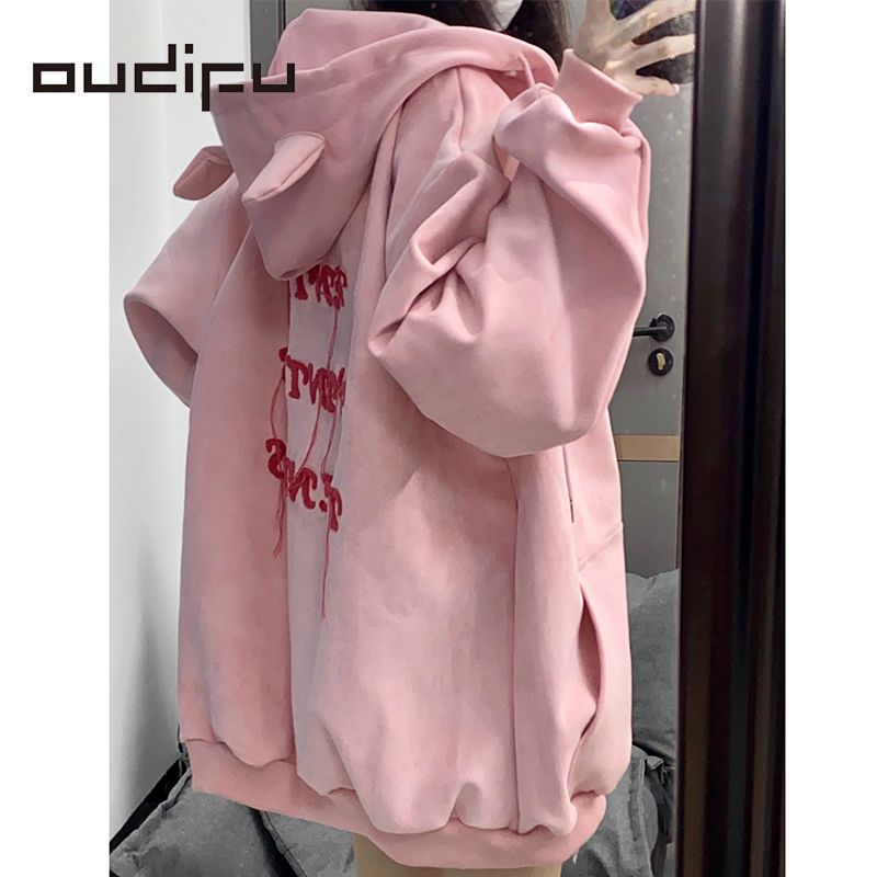 OUDIFU美式復古衛衣女春秋新款2023國潮oversize設計感小眾外套