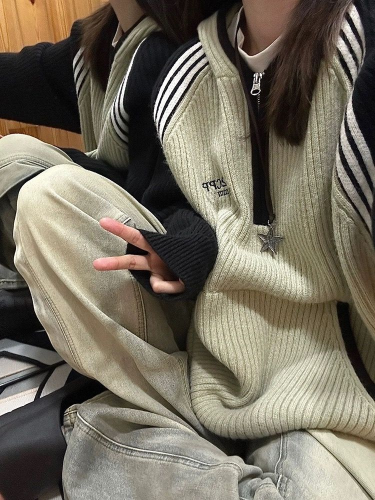 美式復古撞色半拉鏈針織衫衛衣女秋冬新款百搭通勤高級感長袖外套