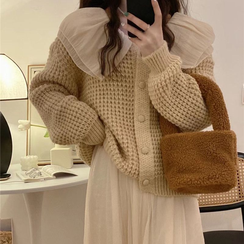 娃娃領毛衣女奶茶色冬季2023新款韓版慵懶風外穿寬鬆開衫針織外套