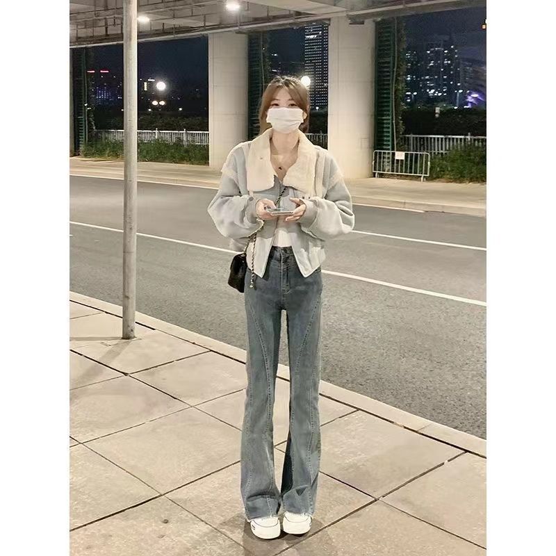 秋冬季微喇叭牛仔褲女拖地長褲水洗毛邊彈力復古顯瘦做舊修身百搭