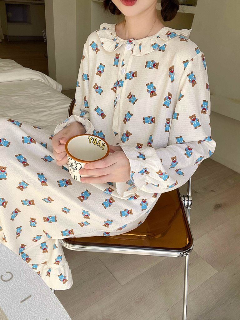 韓國卡通小熊純棉紗布睡裙女春秋季長袖長裙圓領家居服可外穿薄款