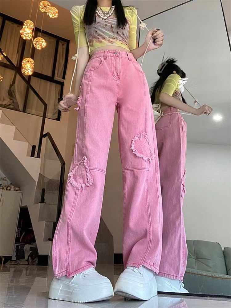 多巴胺粉色褲大碼港風辣妹闊腿牛仔褲女胖mm小眾毛邊設計感直筒褲