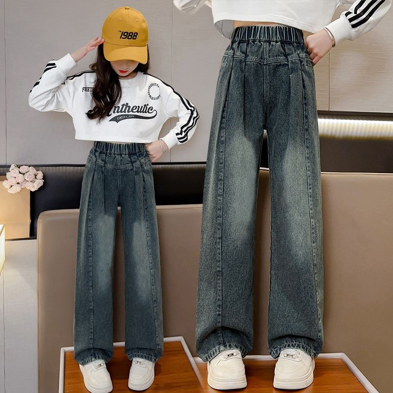 女童春秋褲子2023新款中大童女孩秋款時髦寬鬆闊腿兒童秋裝牛仔褲