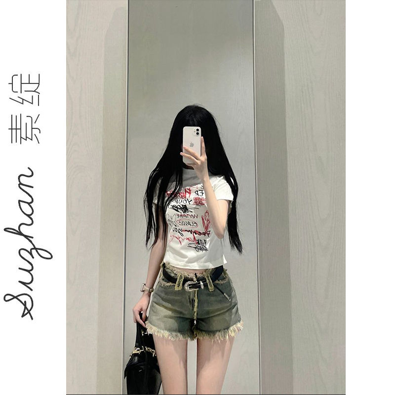 白色圓領趣味塗鴉印花純棉上衣女美式高街休閒運動短款短袖t恤衫