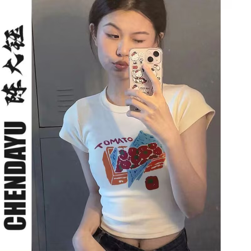 美式白色修身顯瘦正肩高腰短袖t恤女小個子短款上衣潮牌甜辣體恤