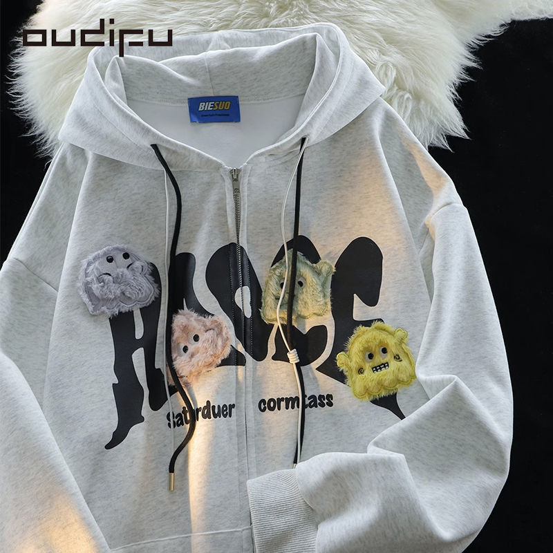 OUDIFU100%純棉hiphop連帽衛衣女ins秋冬慵懶風oversize情侶外套