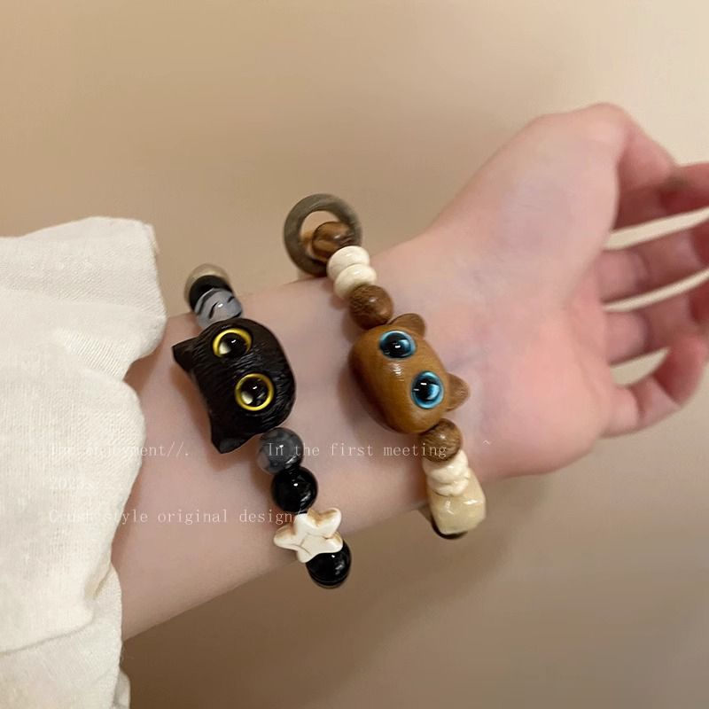 喵星人~天然石小貓串珠手鍊女生2023年新款情侶手串網紅陶瓷手飾