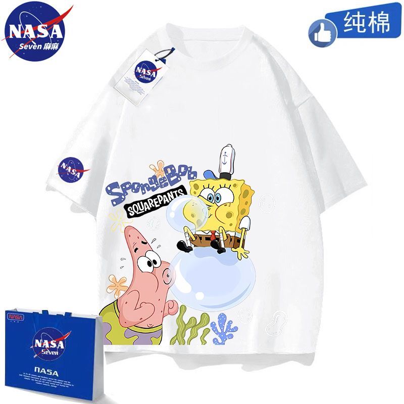 NASA co-branded Spongebob T-shirt children's summer cartoon star pure cotton short-sleeved boys and girls baby children's clothing