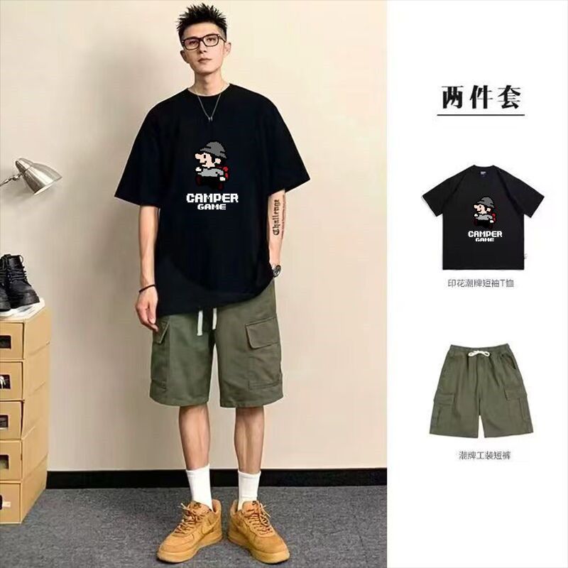 兩件套夏季純棉短袖T恤男ins潮牌寬鬆大碼日系工裝短褲百搭男裝潮