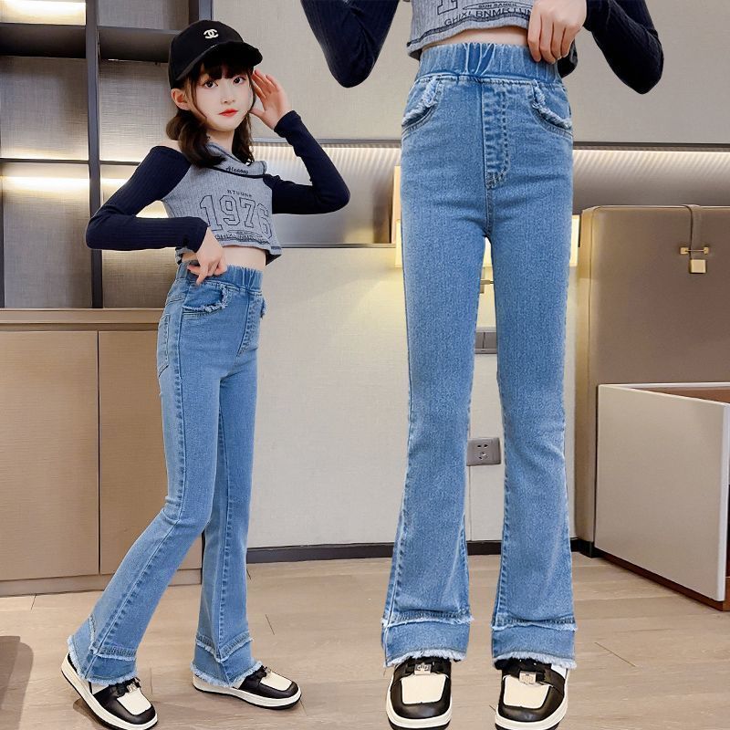 女童褲子春秋洋氣女孩秋季百搭彈力修身長褲中大童秋裝兒童喇叭褲