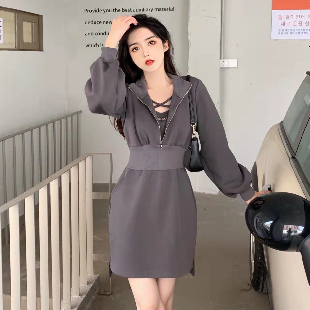 Fashionable little fragrant spring and autumn dress with long sleeves, slightly chubby mm, super fairy temperament, large size medium skirt, waist slimming