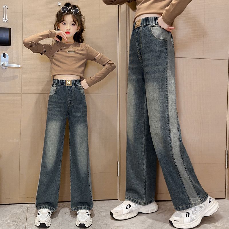 女童牛仔褲春秋款小學生百搭秋季洋氣外穿時髦闊腿褲兒童秋裝褲子