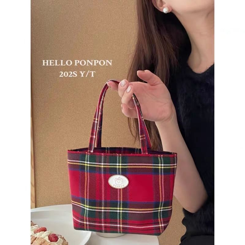 Korean new product homemade red plaid handbag, atmospheric lightweight small cloth bag, trendy work and commuting shoulder bag