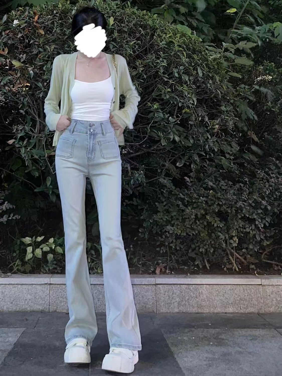 淺藍色設計感微喇叭牛仔褲女秋季新款高腰褲子顯瘦顯高馬蹄長褲潮