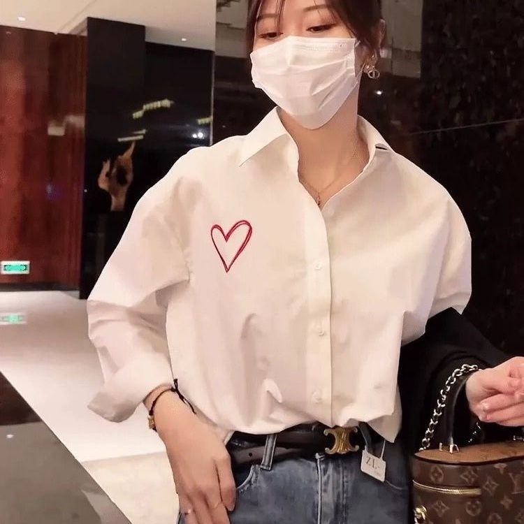 格瑞吉奧刺繡愛心寬鬆長袖襯衫女港風春夏薄款百搭防曬外套襯衣bf