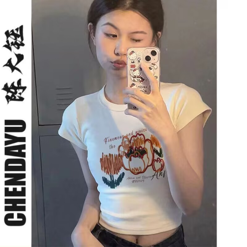 甜辣妹減齡短款T恤女夏季設計感正肩印花修身高腰短袖打底上衣ins
