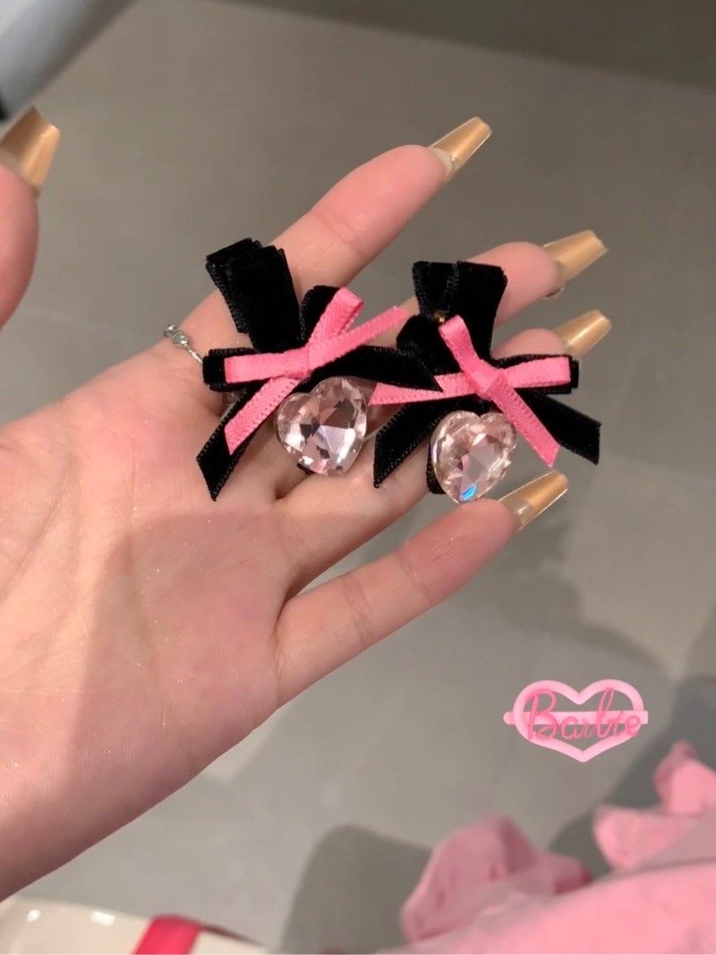 Sweetheart Barbie Black Rose Contrasting Color Pink Diamond Design Bow Knot Hair Clip Sweet Princess Head Side Bangs Clip