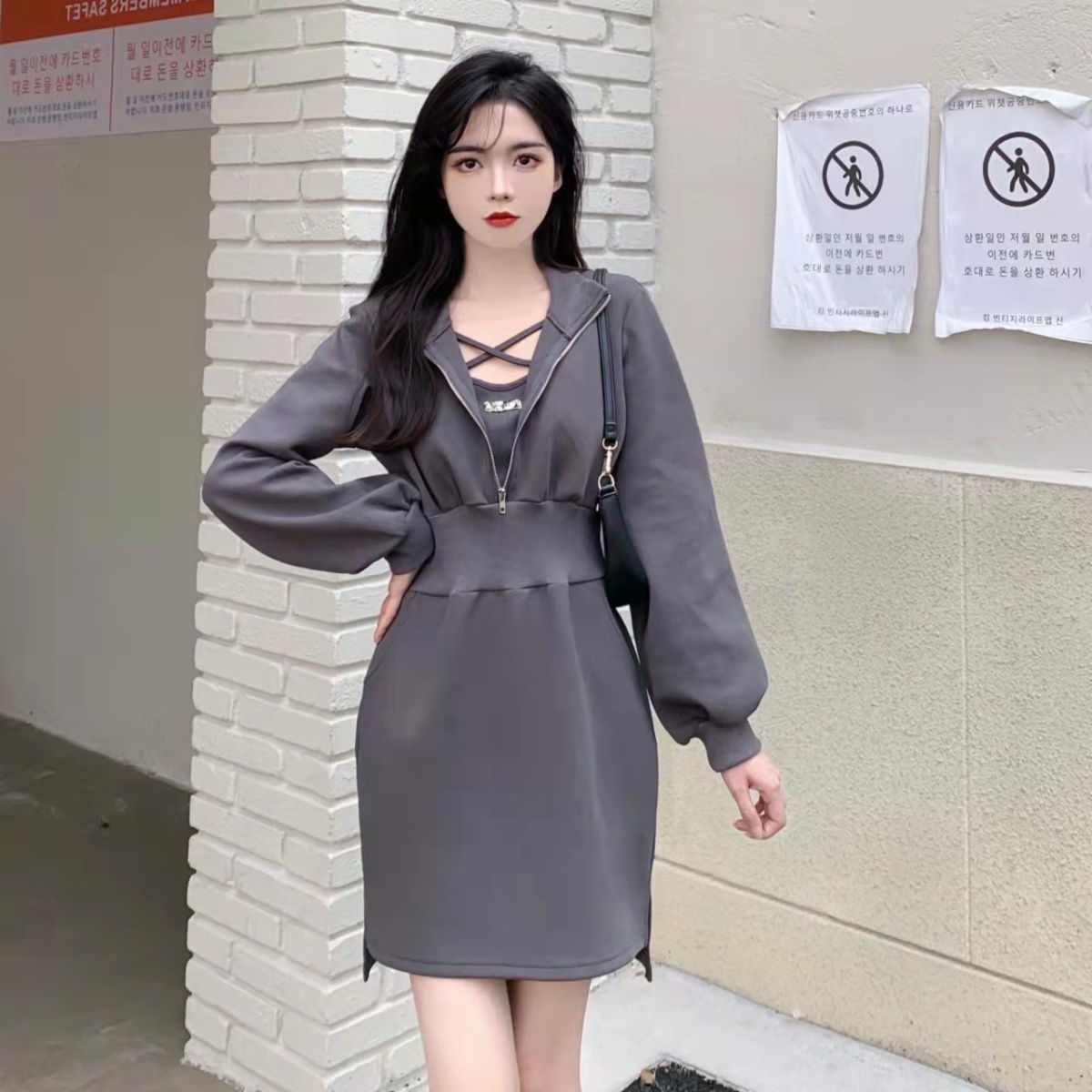 Fashionable little fragrant spring and autumn dress with long sleeves, slightly chubby mm, super fairy temperament, large size medium skirt, waist slimming