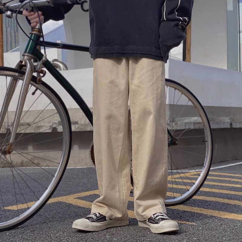 直筒休閒褲男春秋韓版寬鬆復古百搭長褲潮牌潮流日系卡其色闊腿褲