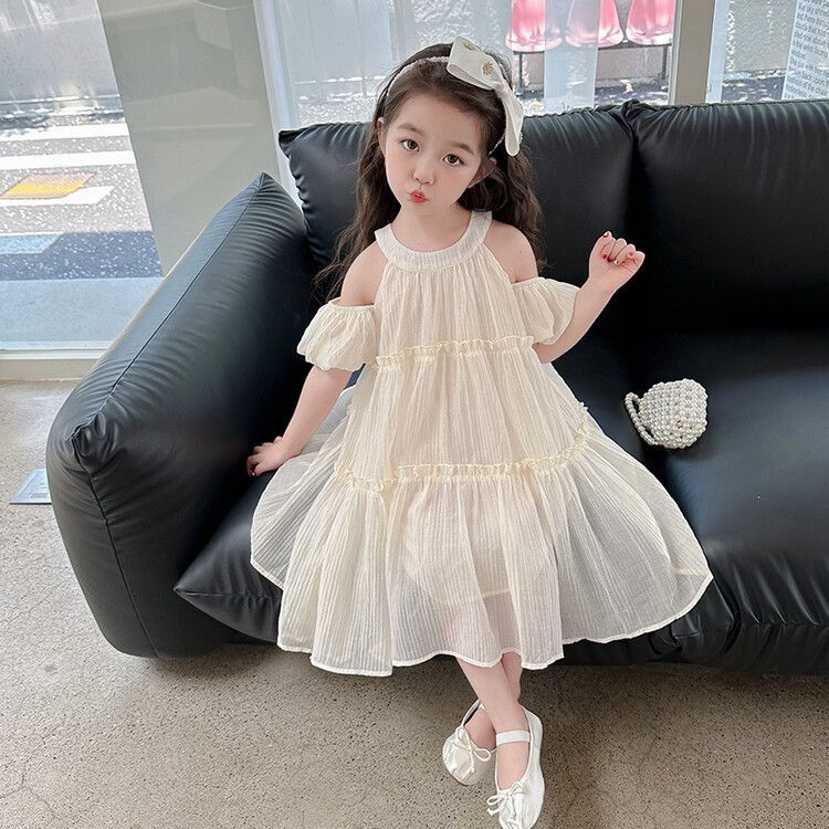 女童夏裝連衣裙2023新款女寶寶公主裙洋氣女孩露肩吊帶裙蕾絲裙子