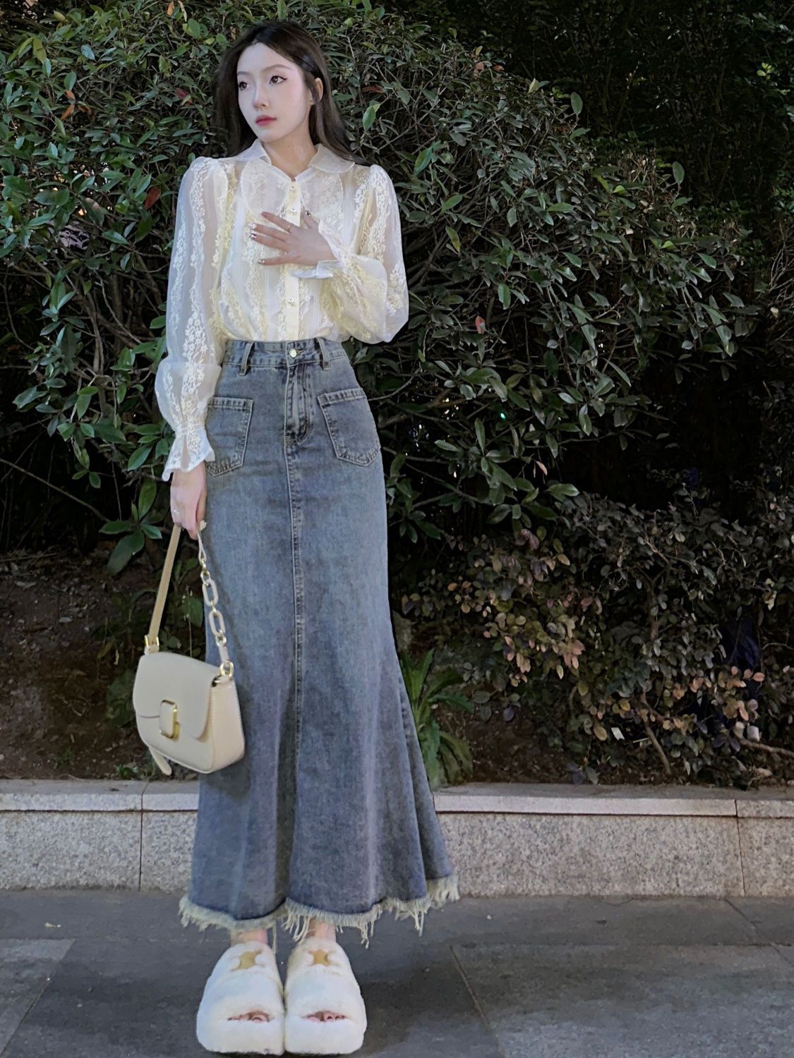Blue high-waisted retro denim skirt for women summer new ins Korean style student versatile slim mid-length skirt trendy