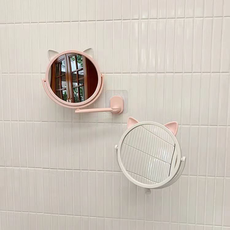 韩国少女心猫耳朵化妆镜ins风宿舍浴室免打孔粘壁挂旋转梳妆镜子