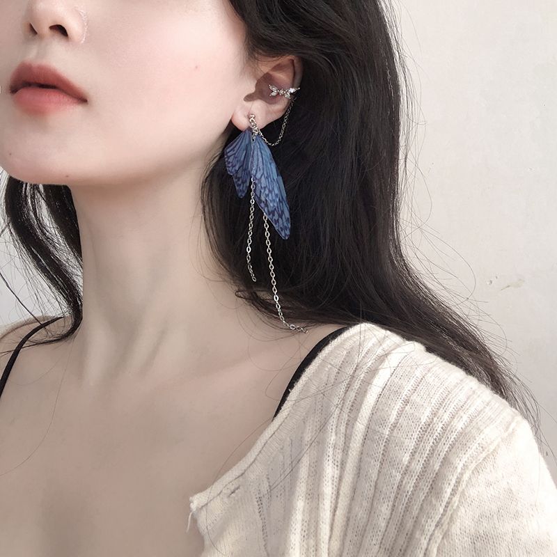藍色甜美個性百搭可愛精靈蝴蝶長款流蘇翅膀鏈條設計感耳釘耳飾女