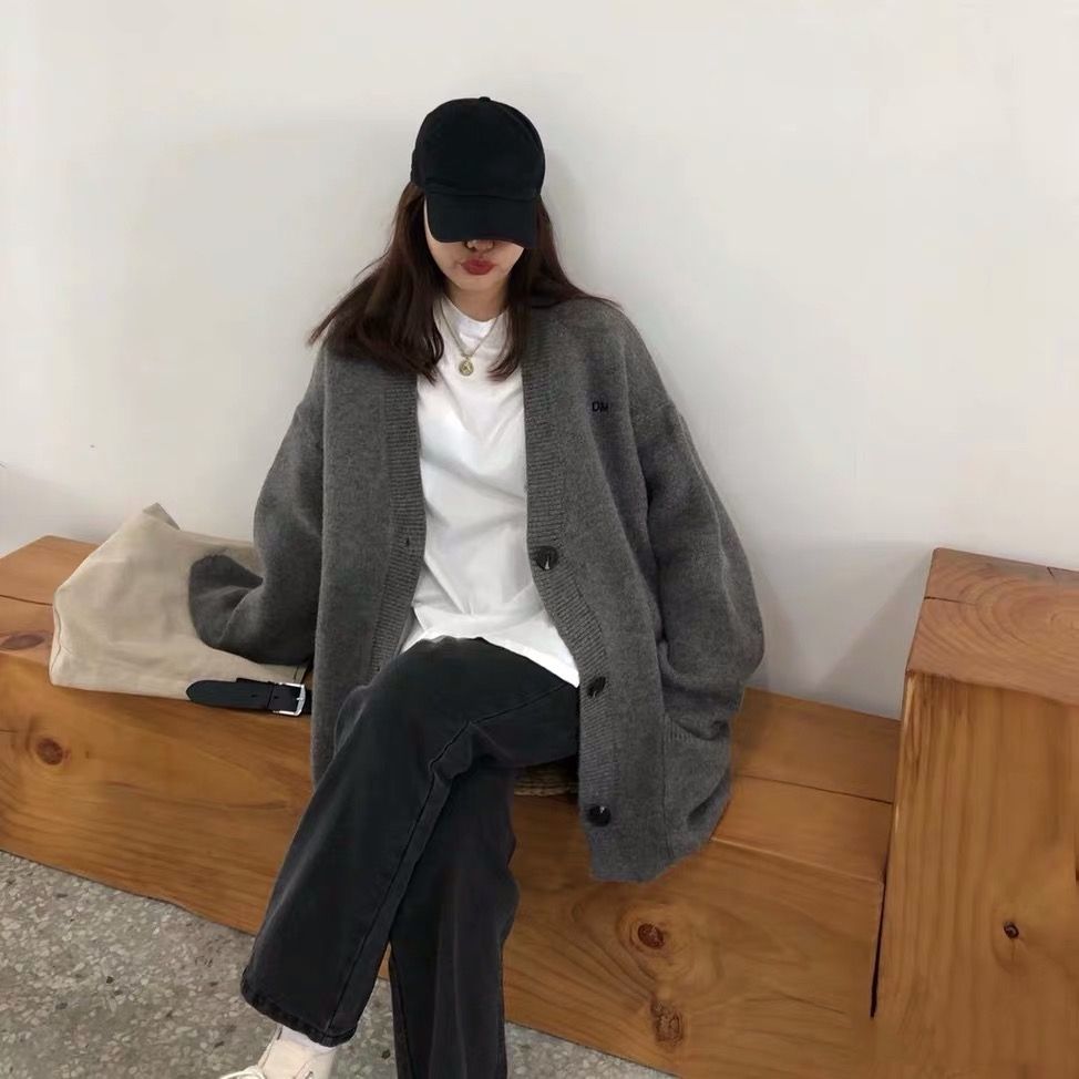 2023秋冬新款毛衣外套開衫女寬鬆外搭慵懶風V領黑色針織衫上衣