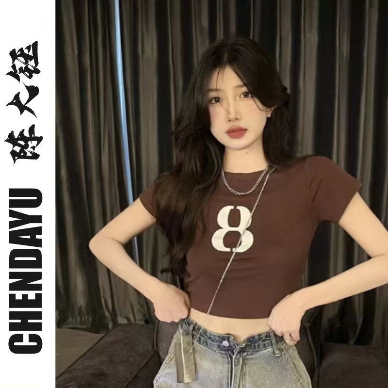 法式純欲風辣妹印花短袖t恤女夏季設計感小眾別致修身bm短款上衣