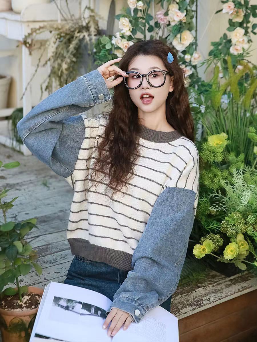秋冬新款圓領慵懶風牛仔拼接寬鬆針織上衣女衛衣小個子條紋衫毛衣