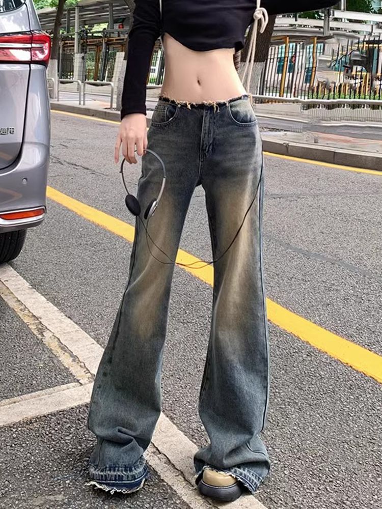 美式復古低腰微喇叭牛仔褲女夏季辣妹高街設計感寬鬆顯瘦毛邊長褲