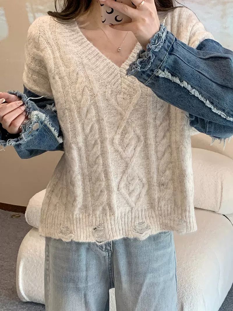 拼接毛衣女設計感小眾2023新款洋氣外穿寬鬆慵懶風撞色針織毛衣