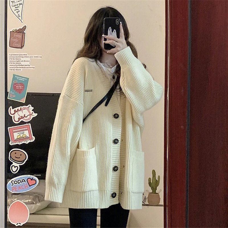 軟糯奶fufu的V領開衫毛衣女春秋新款寬鬆慵懶風學生針織衫外套女