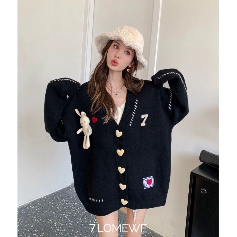 黑色愛心兔子針織開衫外套女2023早秋新款小個子寬鬆外搭毛衣女