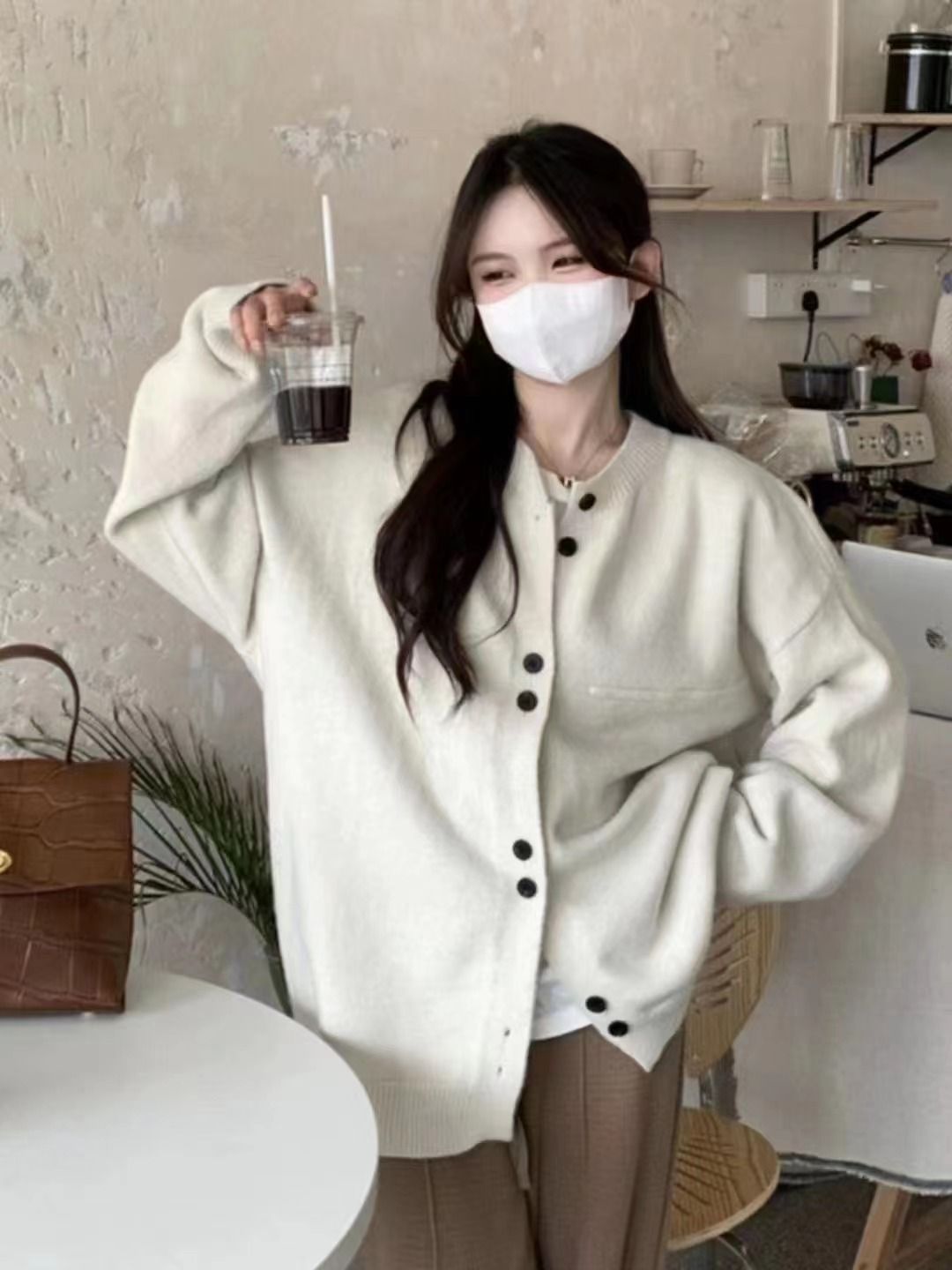 秋冬上新韓系慵懶風毛衣外套女2023年寬鬆百搭單排兩粒扣針織衫女