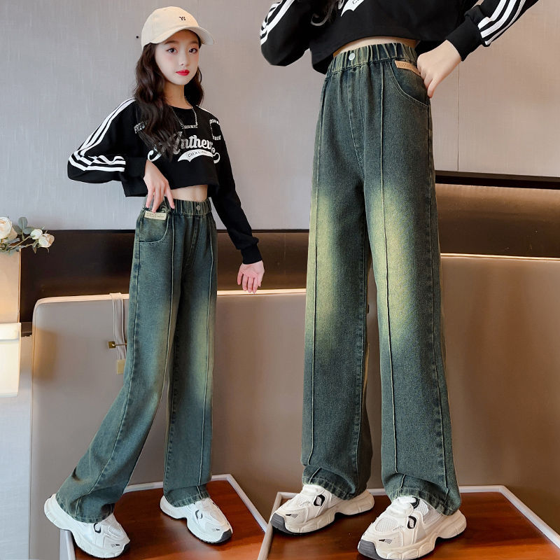 女童闊腿褲春秋款時髦中大童時尚秋季外穿長褲女孩秋裝兒童牛仔褲