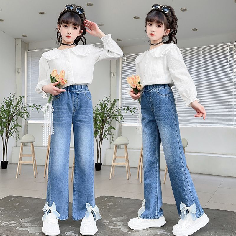 女童闊腿褲春秋洋氣學生百搭直筒外穿長褲女孩秋季外穿兒童牛仔褲